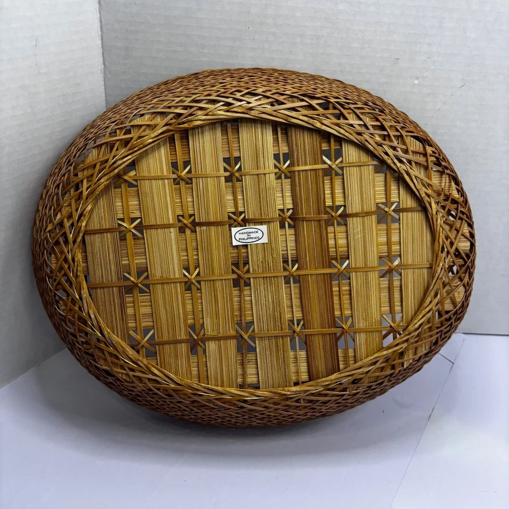 Handmade Philippines Woven Bamboo Basket Oval Lattice Fruit Bread Bowl 14 Inch